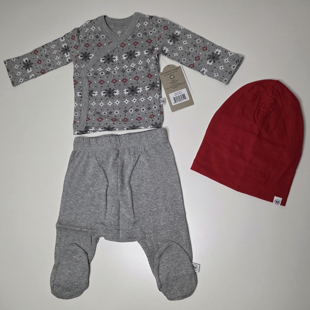 NWT Honest Newborn 3-Piece Set Organic Cotton Side-Snap Top, FootedPants, Beanie